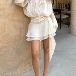 Margovil Long Sleeves Lace-up Tie Waist Ruffle Mini Dress