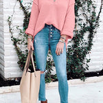 Margovil Buttons V Neck Side Split Waffle Knit Sweater