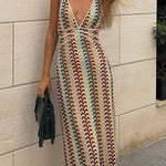 Margovil Halter V Neck Backless Color Block Crochet Maxi Dress