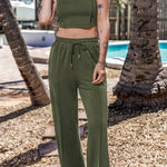 Jungle Green Solid Cropped Tank Top and Wide Leg Pants Set
