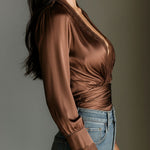 Deep V Lace Trim Bronze Satin Wrap Blouse With Ruched Waist