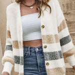 Multicolor Striped Button Front Fuzzy Cardigan