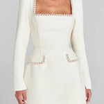 Girly and Glamorous Tweed Fabric Pearl Trim Long Slit Sleeve Pocketed Mini Dress
