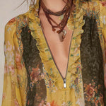 Zip-Front Ruffled Floral Chiffon Blouse