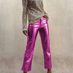 Sinclair Metallic Faux Leather High Rise Pocketed Straight Pants