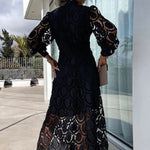 Romantic, Sensual and Elegant Crochet Lace Lantern Sleeve Party Midi Dress