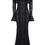 Floral Lace Off Shoulder Flare Sleeve Fishtail Maxi Dresses-White