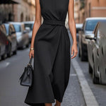 High Waisted Loose Pleated Solid Color Round-Neck Midi Dresses