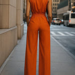 High Waisted Sleeveless Buttoned Pockets Tied Waist Lapel Jumpsuits