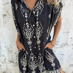 Linen Blend Unique Print Lapel Casual Pocket Mini Dress