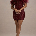 Margovil Off Shoulder Feather Trim Sequin Mini Party Dress