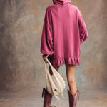 Elegant Retro Sporty Lace Trim And Ruffled Hem Rose Pink Cotton Hooded Style Mini Dress