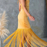 Margovil Halter Neck Patchwork Fringe Hem Satin Maxi Dress