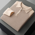 PURE EXTRA-FINE MERINO WOOL TWO TONE ZIPPER SWEATER POLO