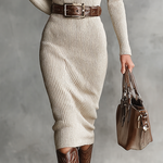 Women's Slim Fit Half Turtleneck V-Neck Long Sleeve Knitted Belted Midi Dress