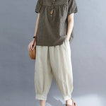 Cotton Blend Plaid Polo Puff Sleeve T-Shirts Tops