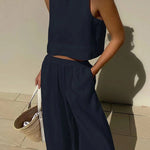 Solid Color Round-Neck Sleeveless Vest + Elasticity Wide Leg Pants Two Pieces Set