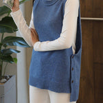 Simple Sleeveless Loose Buttoned Solid Color Round-Neck Sweater Vest Outerwear