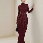 Long Sleeves Buckle Draped High-Neck Evening Dresses Maxi Dresses