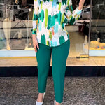Long Sleeves Buttoned Printed Lapel Blouses Top + High Waisted Pants Bottom Two Pieces Set
