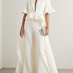 Flared Sleeves Half Sleeves Ruffle Trim Solid Color Deep V-Neck Blouses&Shirts Tops Outerwear