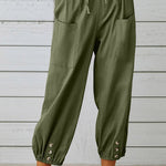 Loose casual button down cropped cotton linen trousers wide leg