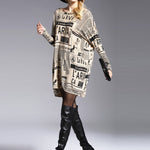Vintage Loose One-Shoulder Newspaper Printed Split-Joint Sweater
