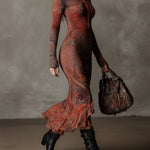 Bohemian Half-zip Ethnic Printed Knitted Fishtail Hem Midi Dress