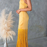 Margovil Halter Neck Patchwork Fringe Hem Satin Maxi Dress