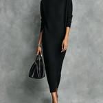 Women's Elegant Black Knitted Turtleneck Long-sleeved Loose-fitting Maxi Dress With No Pockets