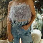 Margovil Strapless Faux Feather Crop Top