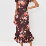 Crewneck Short Sleeves Floral Print Ruffle Hem Midi Dress