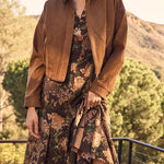 V Neck Puff Short Sleeves Floral Print Midi Dress