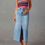 Margovil High Rise Raw Hem Slit Front Denim Midi Skirt