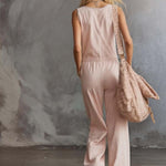 Elegant Retro Sporty V-neck Front Zipper Sleeveless Light Pink Cotton Jumpsuit