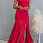 One Shoulder Sleeveless Ruffle Slit Solid Maxi Dress