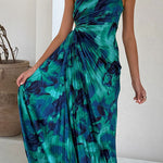 Margovil One Shoulder Drawstring Cut Out Printed Maxi Pleated Dress