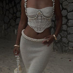 Margovil Pearl Trim Hollow Out Knit Crop Cami Top