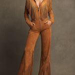 Western Retro Light Brown Faux Suede Zipper Tassel Long-Sleeved Jumpsuit