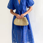 Remarkable Beauty Square Patterned Fabric Puff Sleeve Party Midi Dress