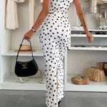 Roxane Polka Dot Print Shoulder Pad Metal Cutout Waist Slit Stretch Maxi Dress
