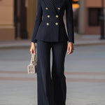 Long Sleeves Buttoned Pockets Striped Notched Collar Blazer Outerwear