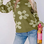 Floral Print Knitted Long Sleeve Pullover Sweater