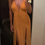 Linen Blend Elastic Waist Halter Backless Pocket Slit Midi Dress