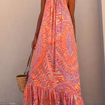 Margovil Halter Backless Printed Maxi Ruffle Swing Dress