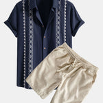 Geometric Print Linen Look Shirt & Linen Cotton Blend Drawstring Shorts
