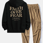 Faith Over Fear Print Relax Fit Hoodie & Drawstring Corduroy Cargo Jogger Pants