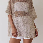 Round Neck Half Sleeves Crochet Hollow Out Sequin Top