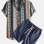 Elephant Geometric Print Shirt & Linen Cotton Blend Drawstring Shorts