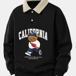 Relax Fit California Fashion Bear Print Contrast Polo Sweatshirt